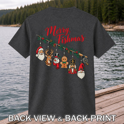 Christmas Fishing Rod Ornaments Holiday Graphic T-Shirt | Back Print