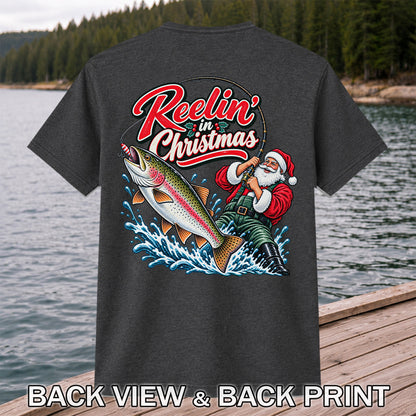 Reelin' in Christmas Santa Rainbow Trout Fishing T-Shirt | Back Print