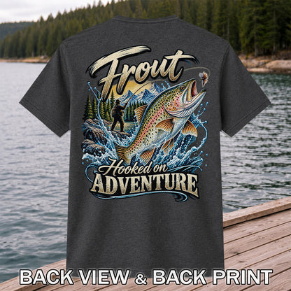 Trout Hooked on Adventure Mountain Fly Fishing T-Shirt | Back Print