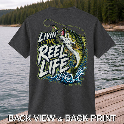 Livin' the Reel Life Jumping Bass Fishing Graphic T-Shirt | Back Print