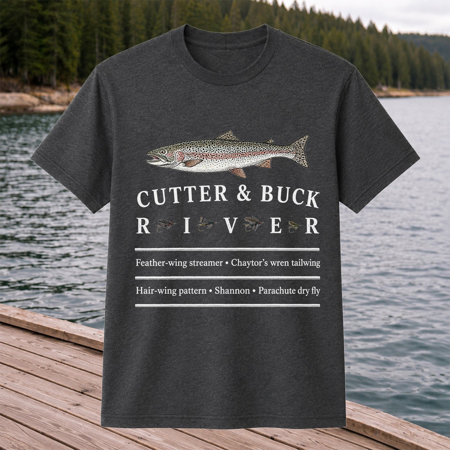 River Rainbow Trout and Classic Fly Patterns Fishing T-Shirt