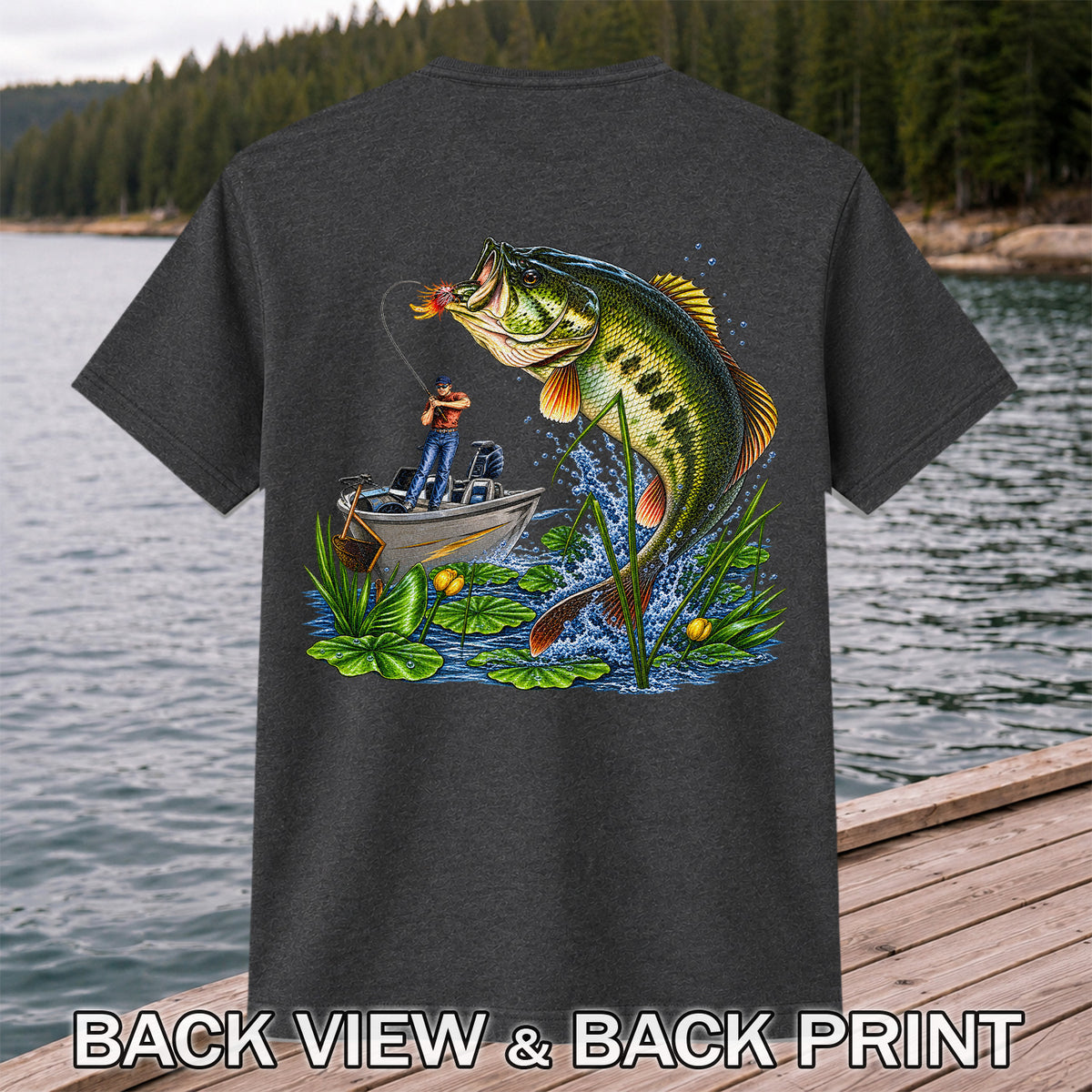 Jumping Largemouth Bass and Boat Angler Fishing Graphic T-Shirt | Back Print