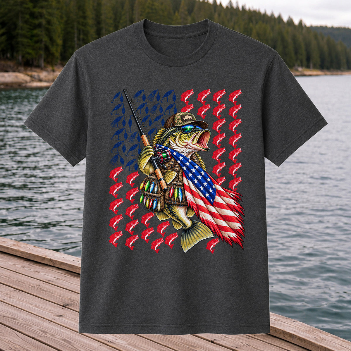 Patriotic Bass Fishing Graphic T-Shirt with American Flag Design
