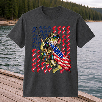 Patriotic Bass Fishing Graphic T-Shirt with American Flag Design