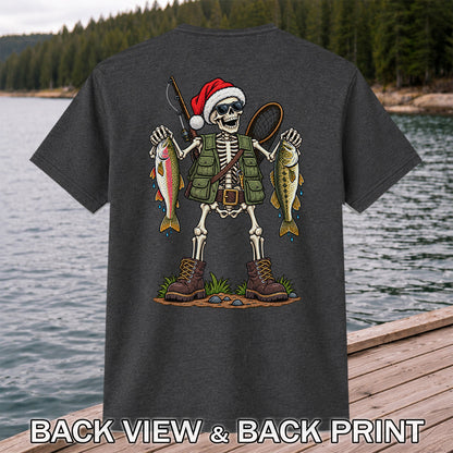 Santa Hat Skeleton Holding Trout and Bass Christmas Fishing T-Shirt | Back Print