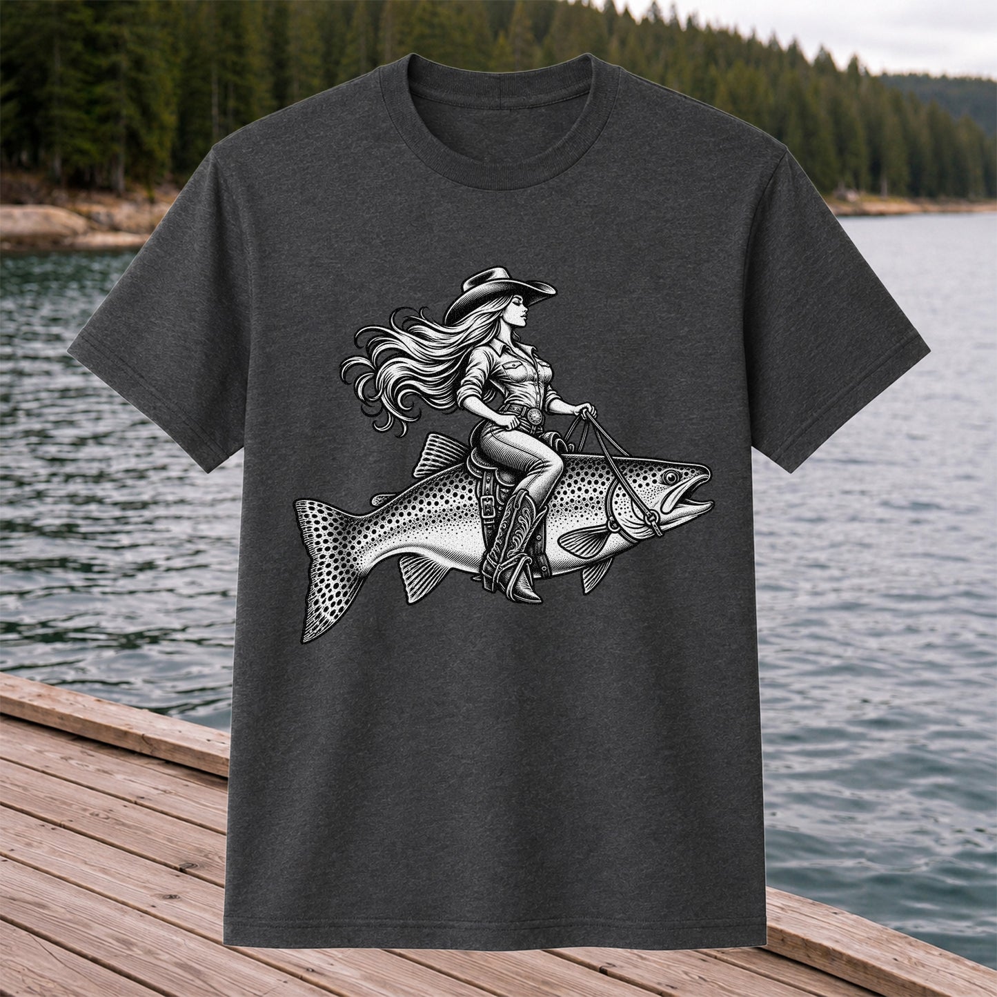 Cowgirl Riding a Trout Western Fishing Graphic T-Shirt