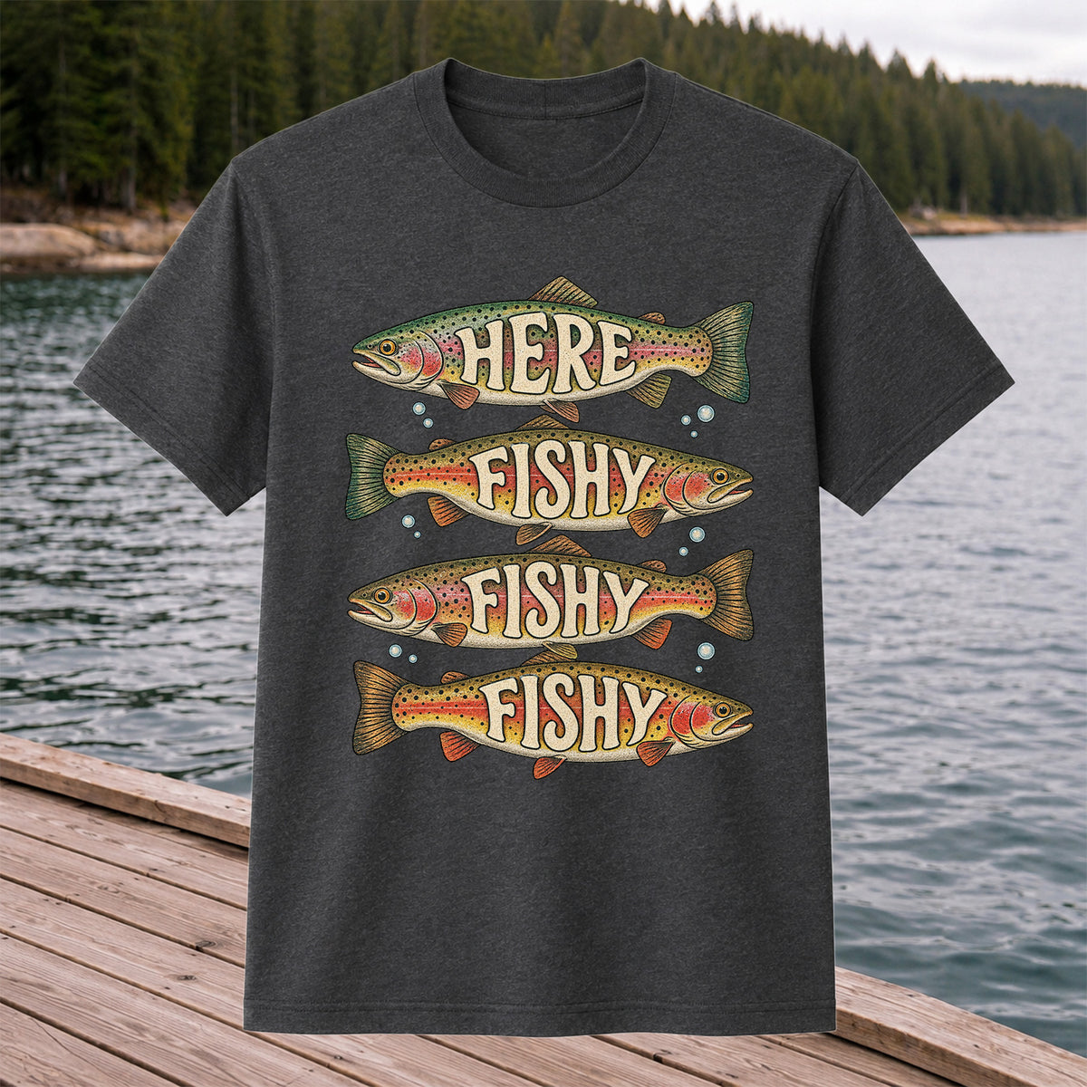 Here Fishy Fishy Fishy Rainbow Trout Fishing Graphic T-Shirt