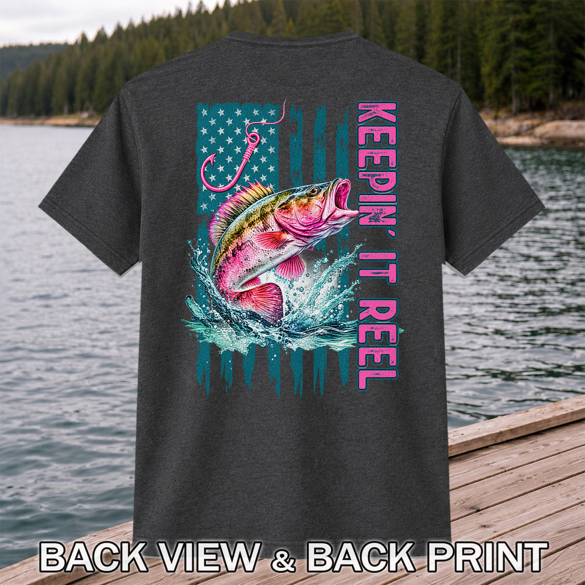 Keepin' It Reel Bass Fishing American Flag Graphic T-Shirt | Back Print