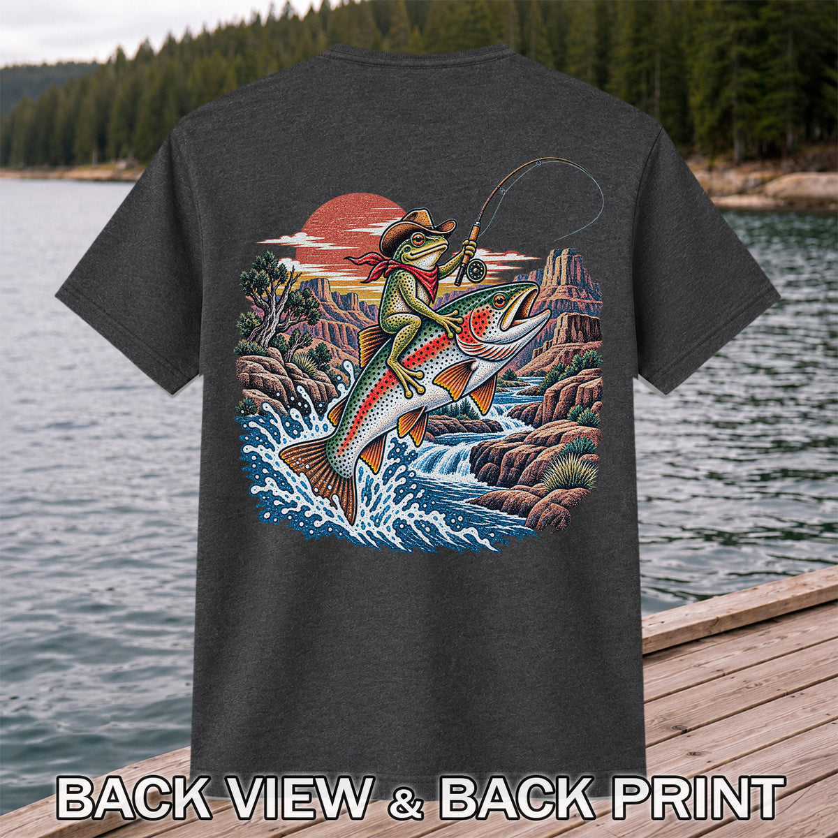 Cowboy Frog Riding a Rainbow Trout Canyon Fishing Graphic T-Shirt | Back Print