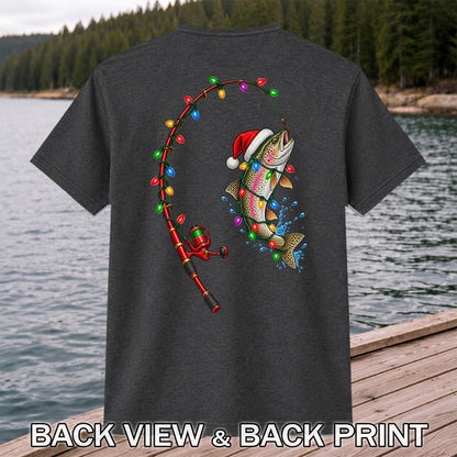 Christmas Rainbow Trout with Santa Hat and Lights Fishing T-Shirt | Back Print