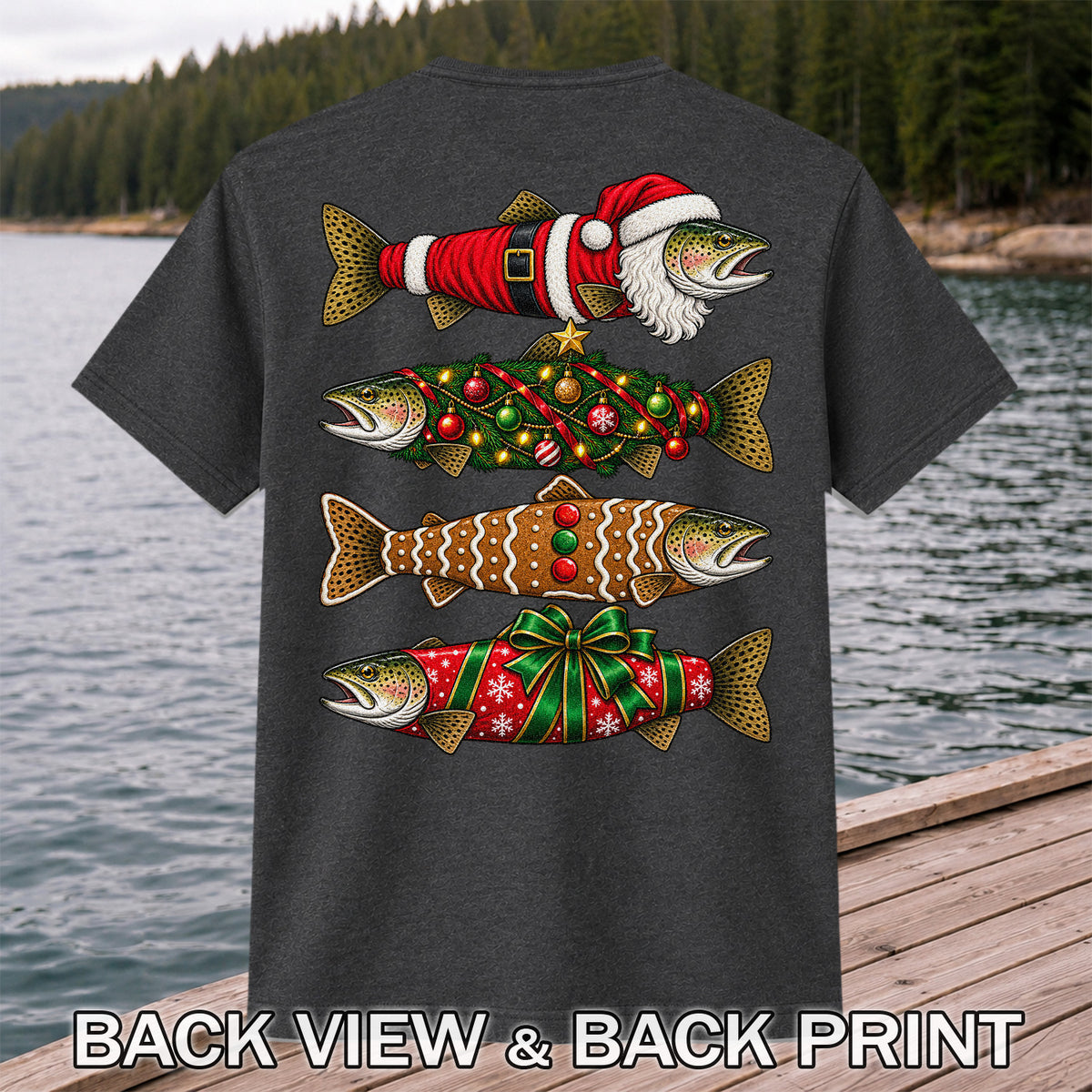 Festive Christmas Trout Santa and Gingerbread Fishing T-Shirt | Back Print