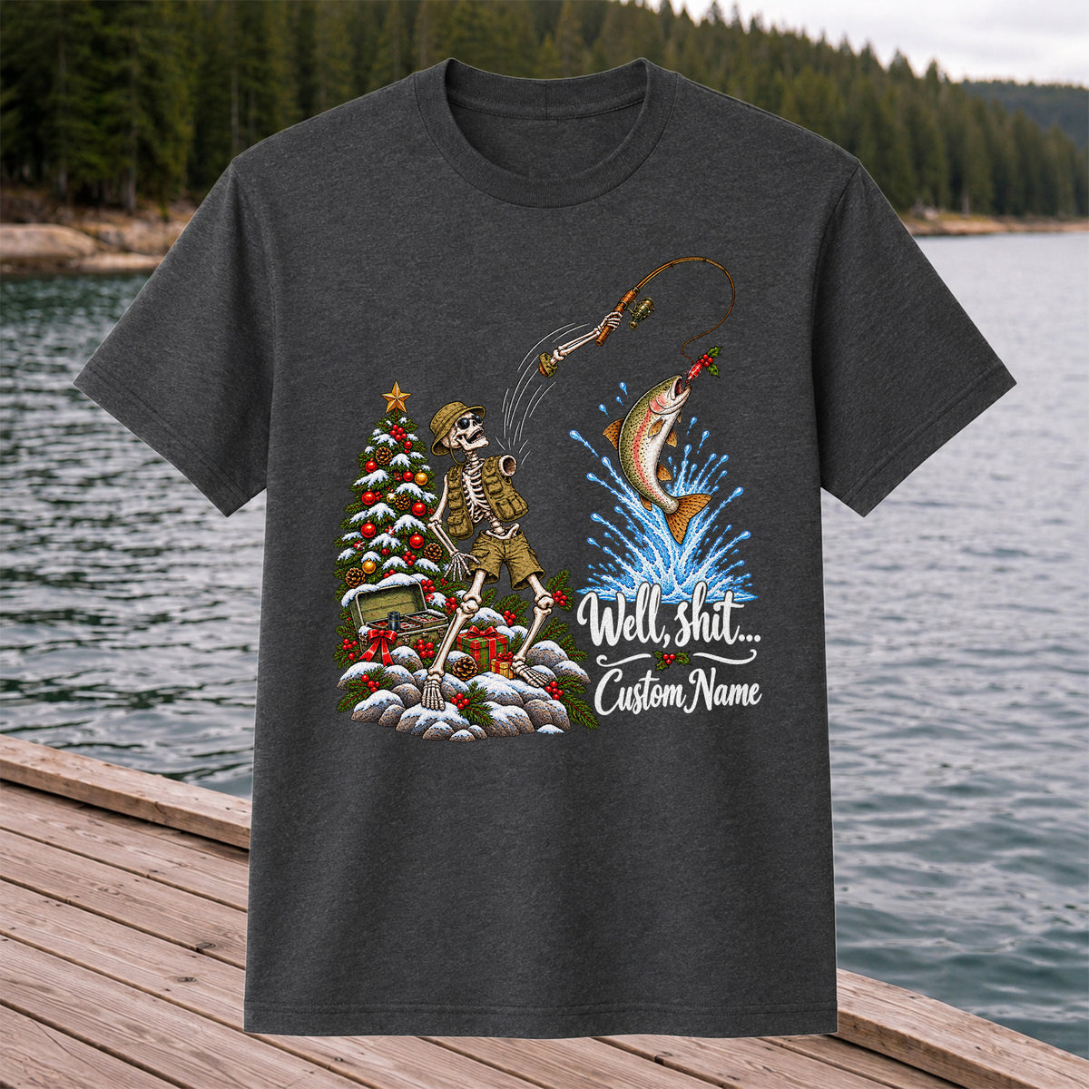 Skeleton Angler Christmas Fishing Personalized Graphic T-Shirt