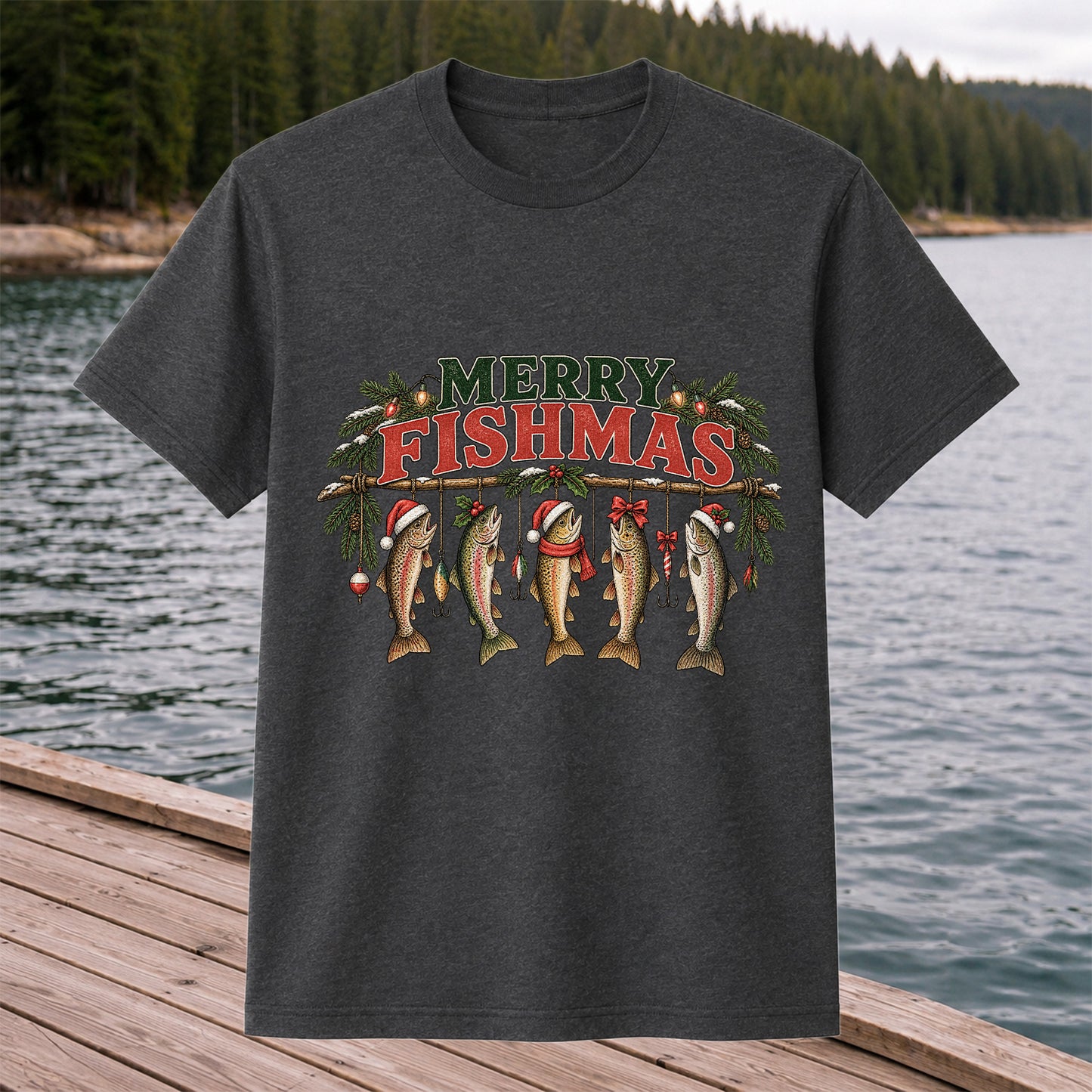 Merry Fishmas Five Christmas Trout Fishing Graphic T-Shirt