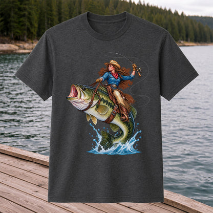 Cowgirl Riding a Largemouth Bass Fishing Graphic T-Shirt