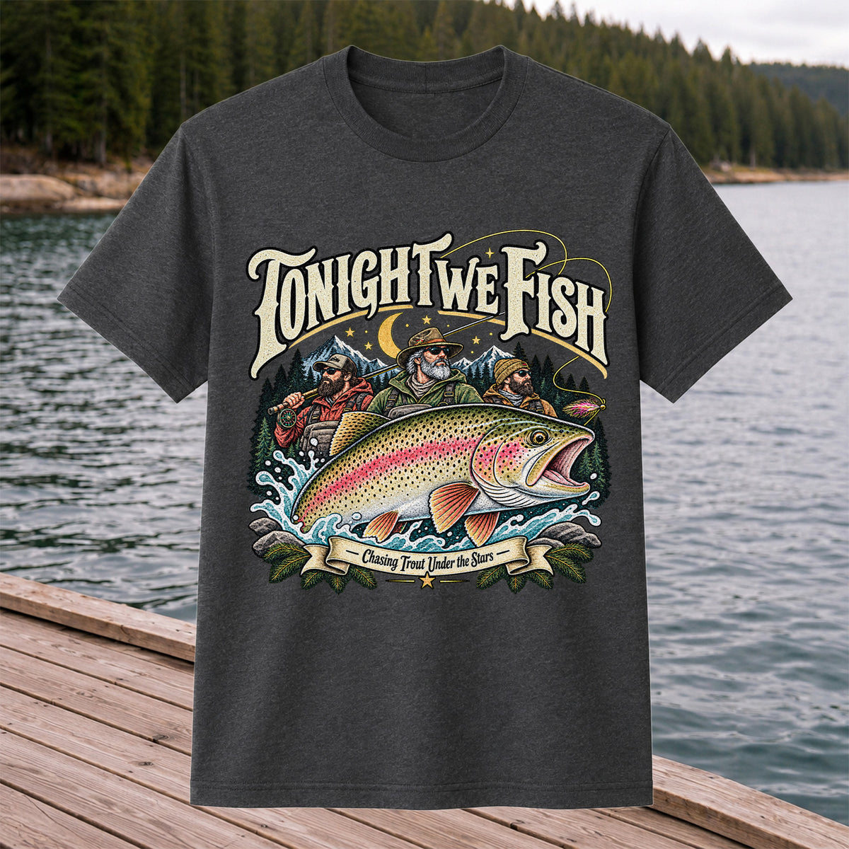 Tonight We Fish Chasing Trout Under the Stars Rainbow Trout Fishing T-Shirt