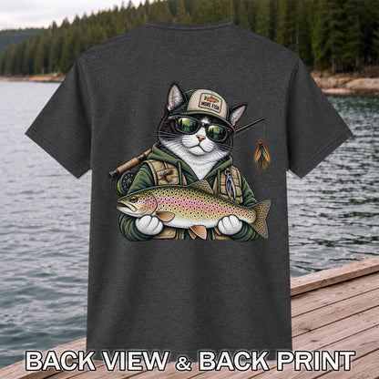 Cat Holding Rainbow Trout Fishing Graphic T-Shirt | Back Print