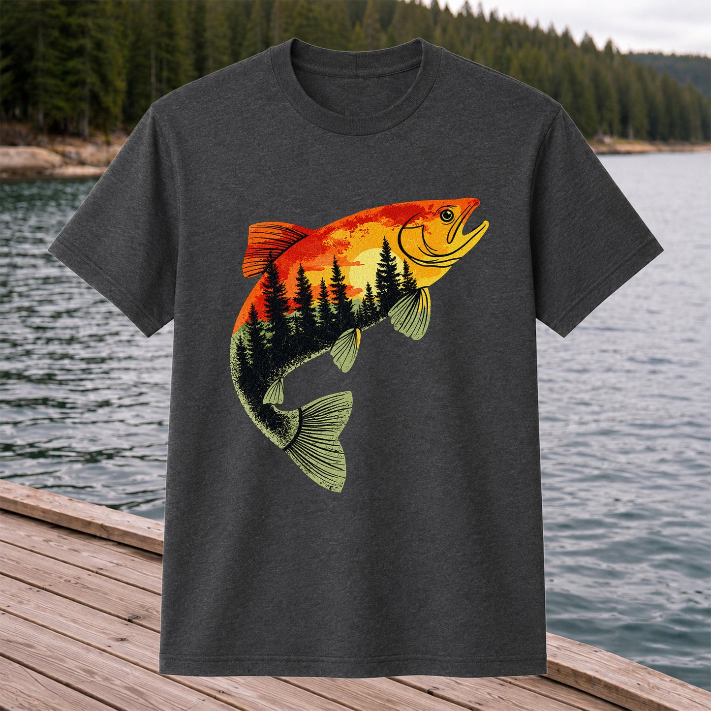 Sunset Forest Trout Fishing Graphic T-Shirt