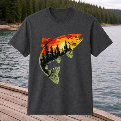 Sunset Forest Trout Fishing Graphic T-Shirt