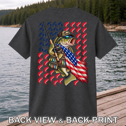 Patriotic Bass Fishing Graphic T-Shirt with American Flag Design | Back Print