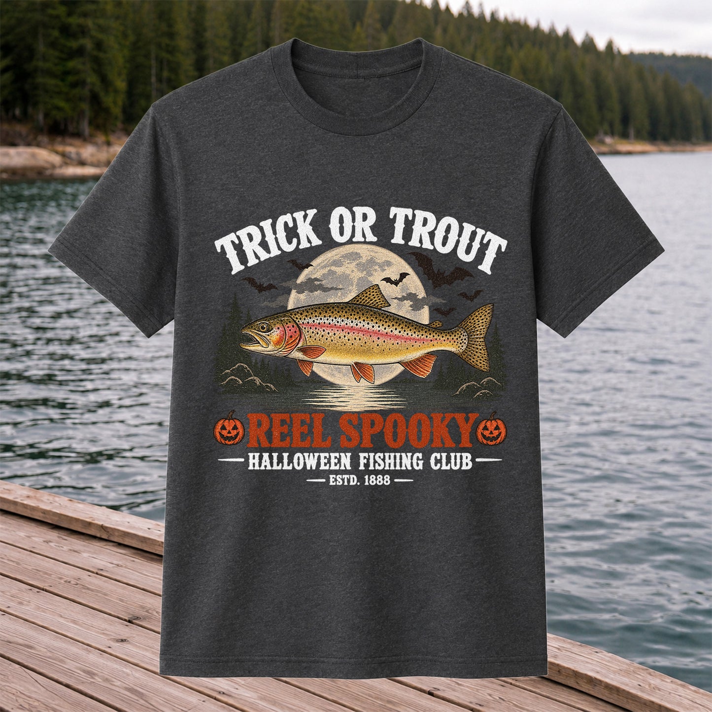 Trick or Trout Reel Spooky Halloween Fishing Club T-Shirt