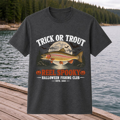 Trick or Trout Reel Spooky Halloween Fishing Club T-Shirt
