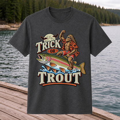 Trick or Trout Bigfoot Riding a Rainbow Trout Halloween Fishing T-Shirt