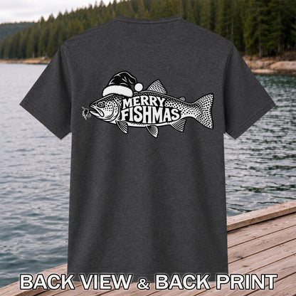 Merry Fishmas Black and White Trout Christmas Fishing T-Shirt | Back Print