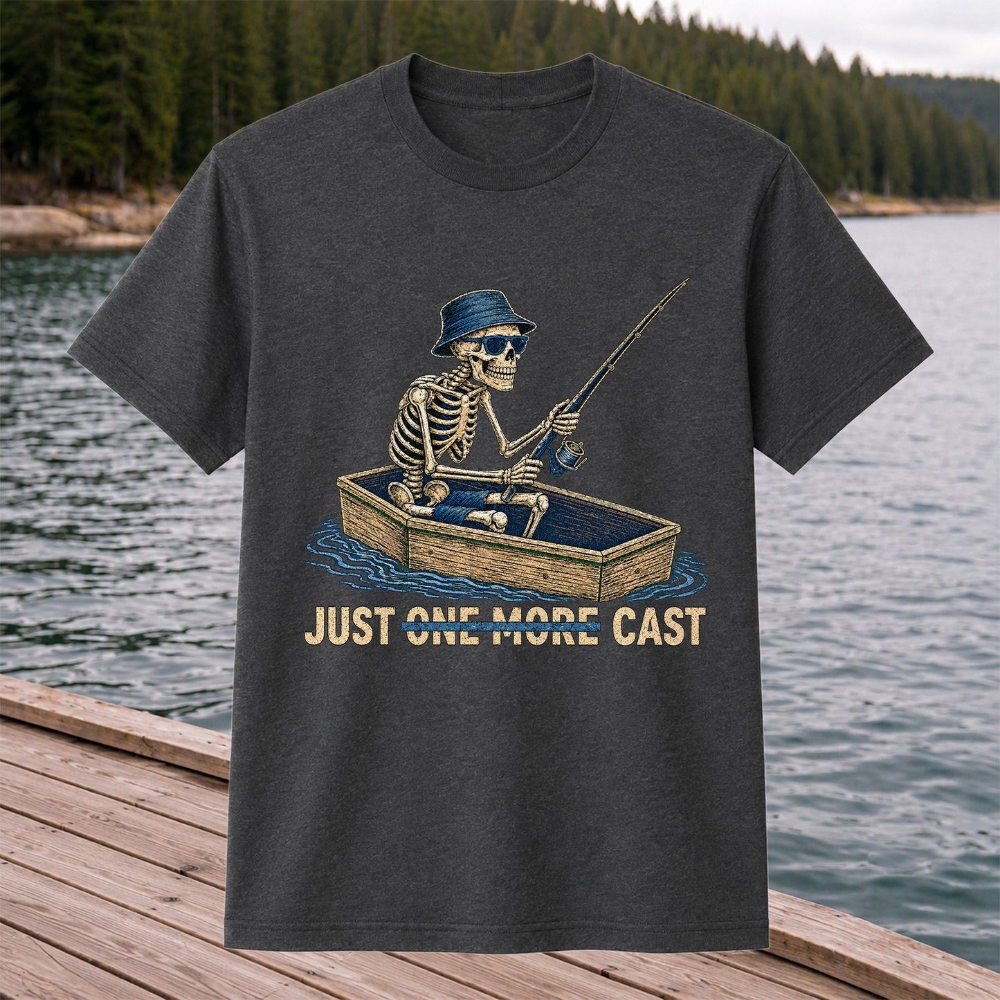Just One More Cast Skeleton Fishing Boat Graphic T-Shirt