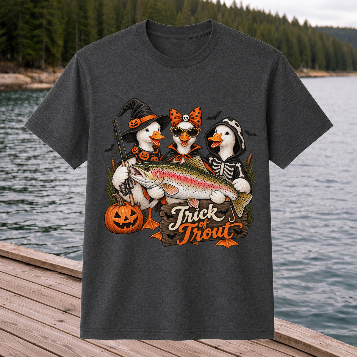 Trick of Trout Halloween Ducks with Rainbow Trout Fishing T-Shirt