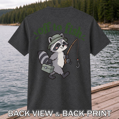 Off to Fish Cute Raccoon with Fishing Rod Graphic T-Shirt | Back Print