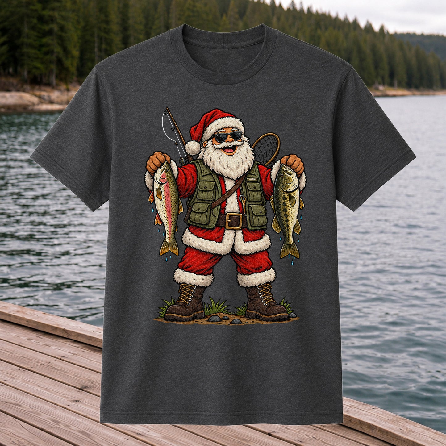 Santa Holding Rainbow Trout and Bass Christmas Fishing Graphic T-Shirt