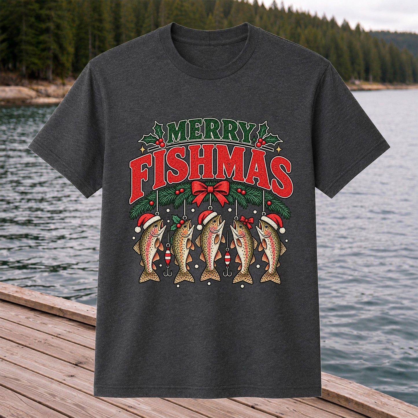Merry Fishmas Christmas Rainbow Trout Fishing T-Shirt