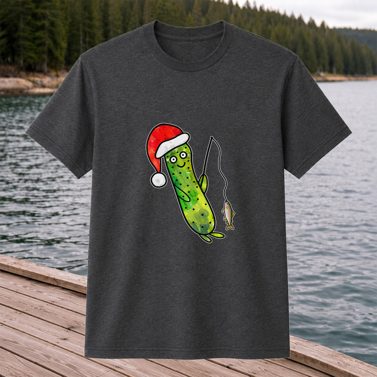 Santa Hat Cucumber Fishing for Trout Graphic T-Shirt