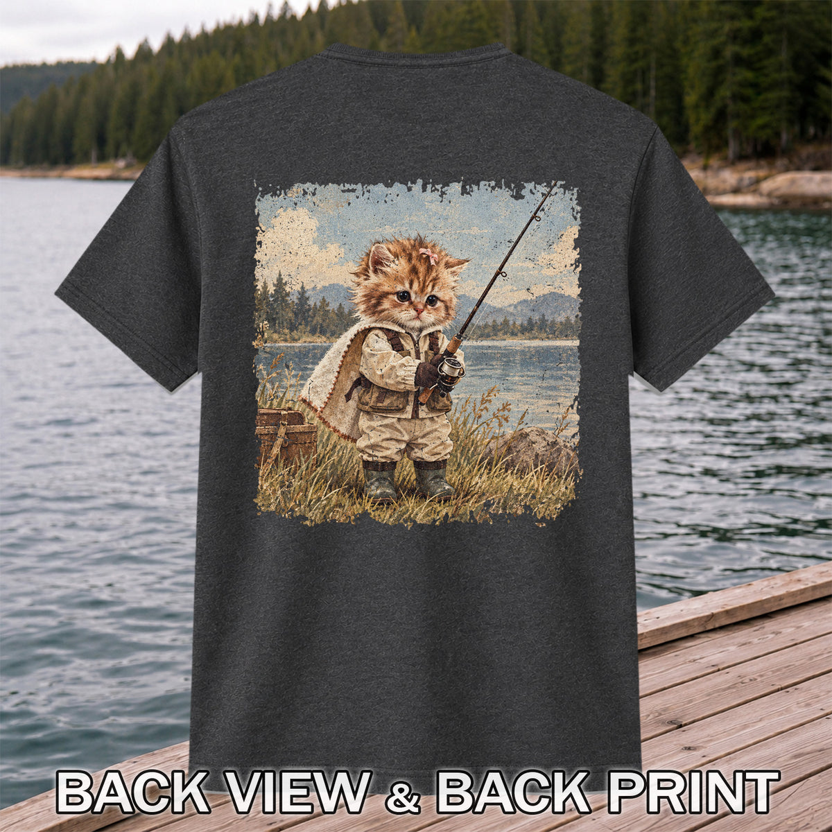 Vintage Kitten Fishing by the Lake Cute Cat Graphic T-Shirt | Back Print
