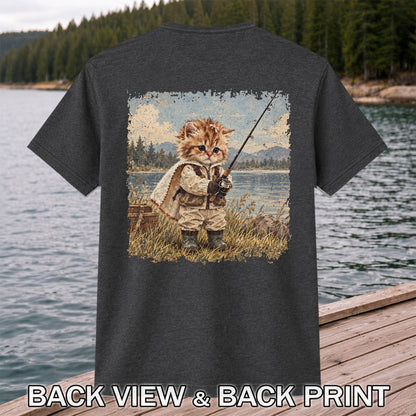 Vintage Kitten Fishing by the Lake Cute Cat Graphic T-Shirt | Back Print