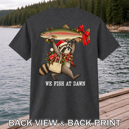 Christmas Raccoon Holding Rainbow Trout Fishing T-Shirt | Back Print