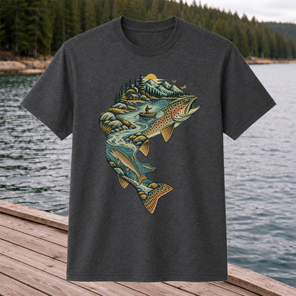 Vintage Brown Trout Mountain River Fly Fishing Graphic T-Shirt