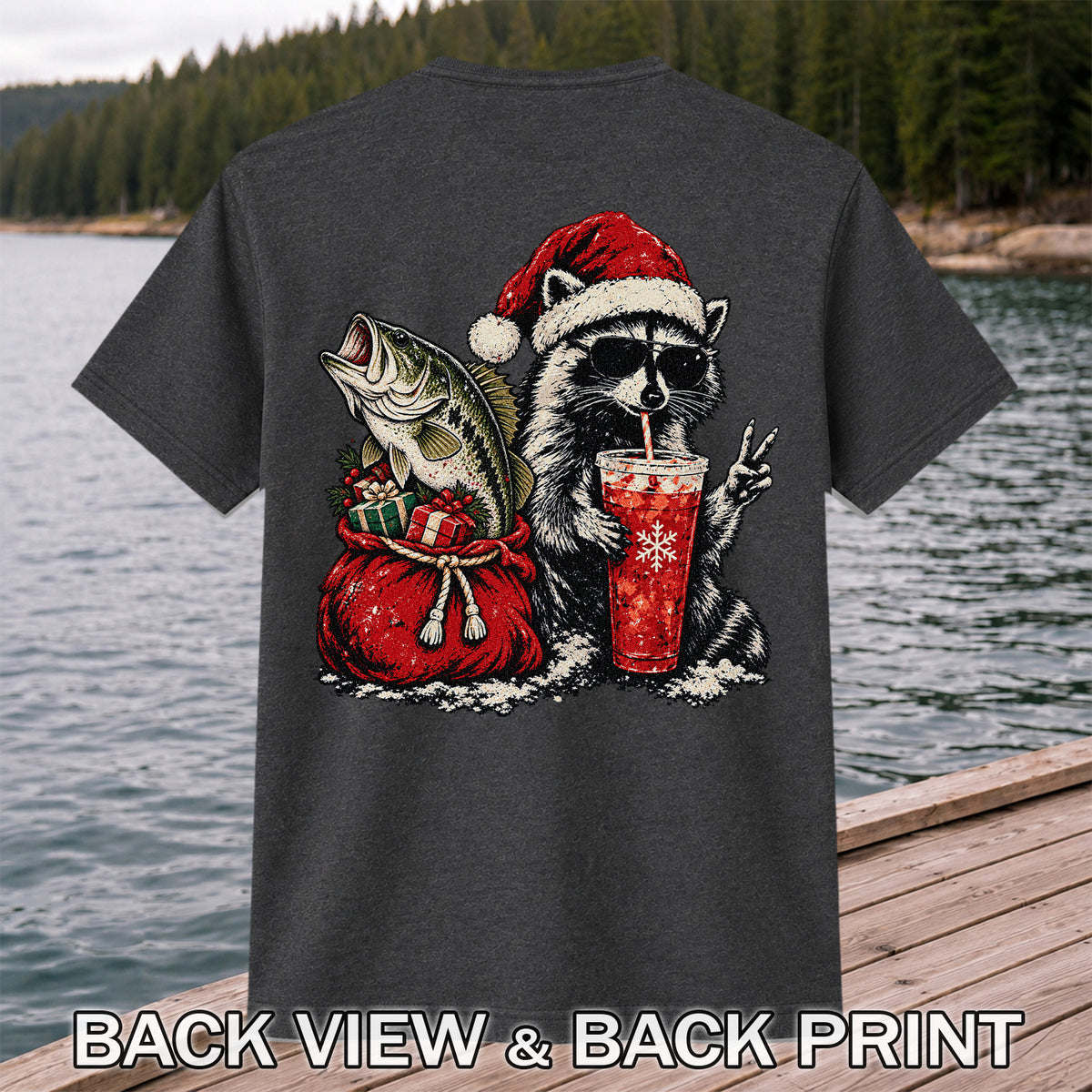 Santa Raccoon Sharing a Bass Christmas Fishing Graphic T-Shirt | Back Print