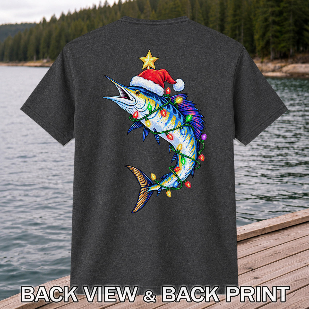 Christmas Marlin Wrapped in Lights Fishing T-Shirt | Back Print