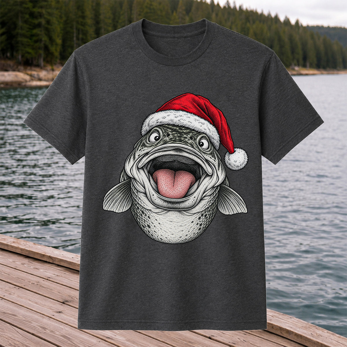 Funny Santa Hat Trout Christmas Fishing Graphic T-Shirt
