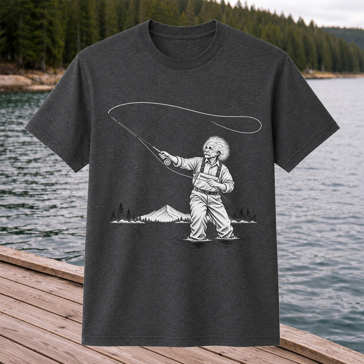 Vintage Fly Fisherman Mountain Lake Fishing Graphic T-Shirt