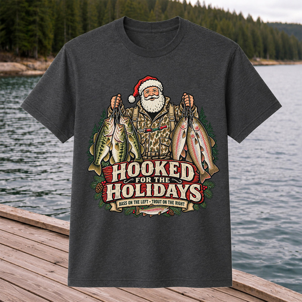 Hooked for the Holidays Bass on the Left Trout on the Right Santa Christmas Fishing T-Shirt