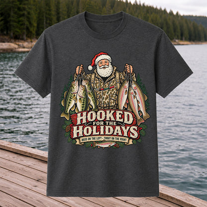 Hooked for the Holidays Bass on the Left Trout on the Right Santa Christmas Fishing T-Shirt