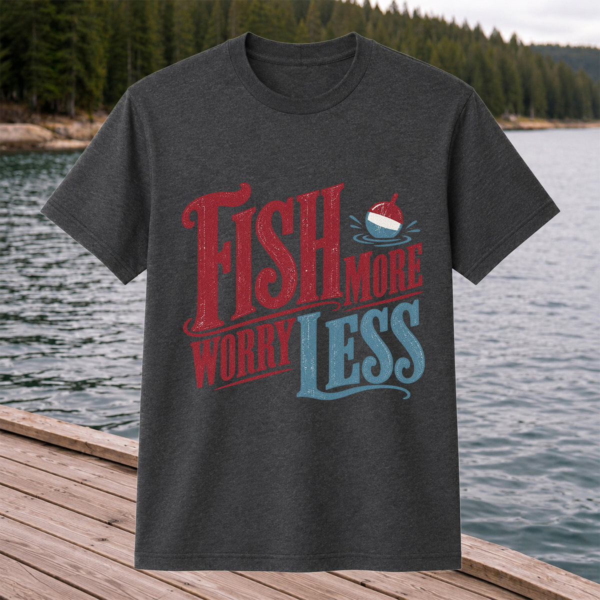 Fish More Worry Less Vintage Bobber Fishing Graphic T-Shirt