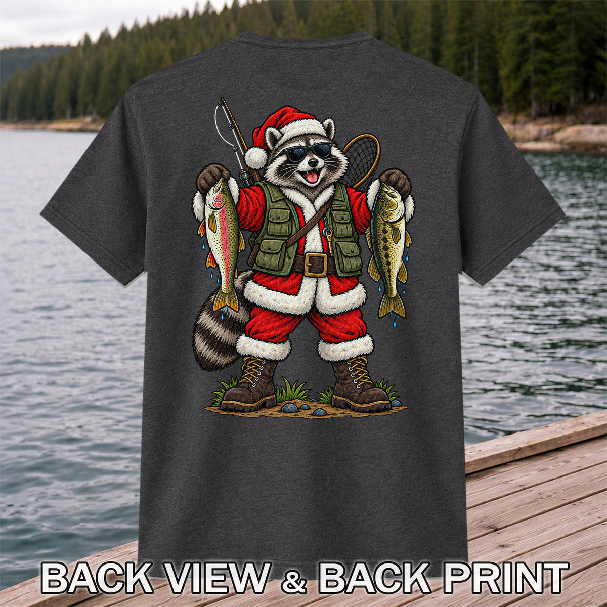 Santa Raccoon Holding Trout and Bass Christmas Fishing T-Shirt | Back Print
