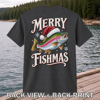 Merry Fishmas Rainbow Trout in a Santa Hat Christmas Fishing T-Shirt | Back Print