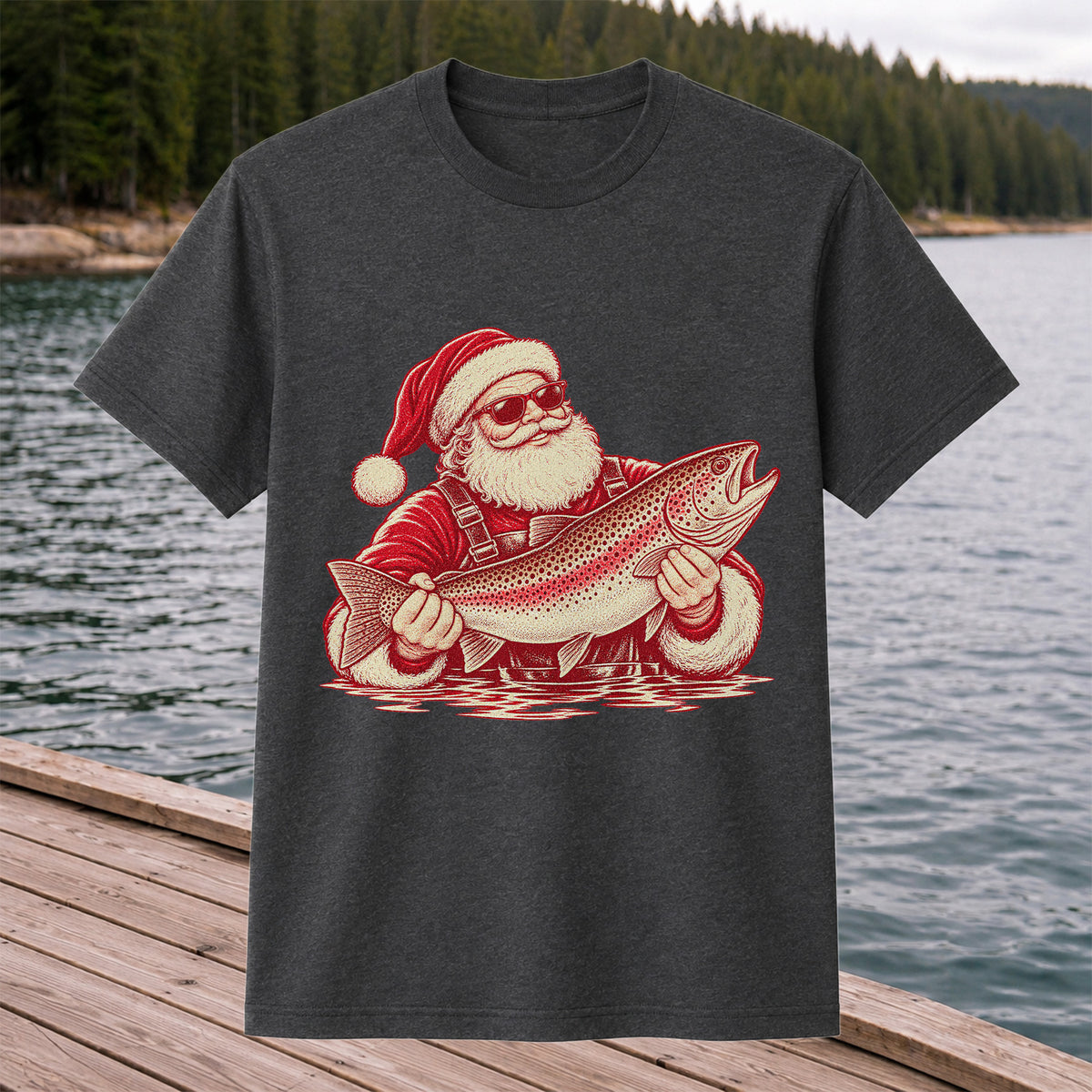 Santa Holding Trout Christmas Fishing Graphic T-Shirt