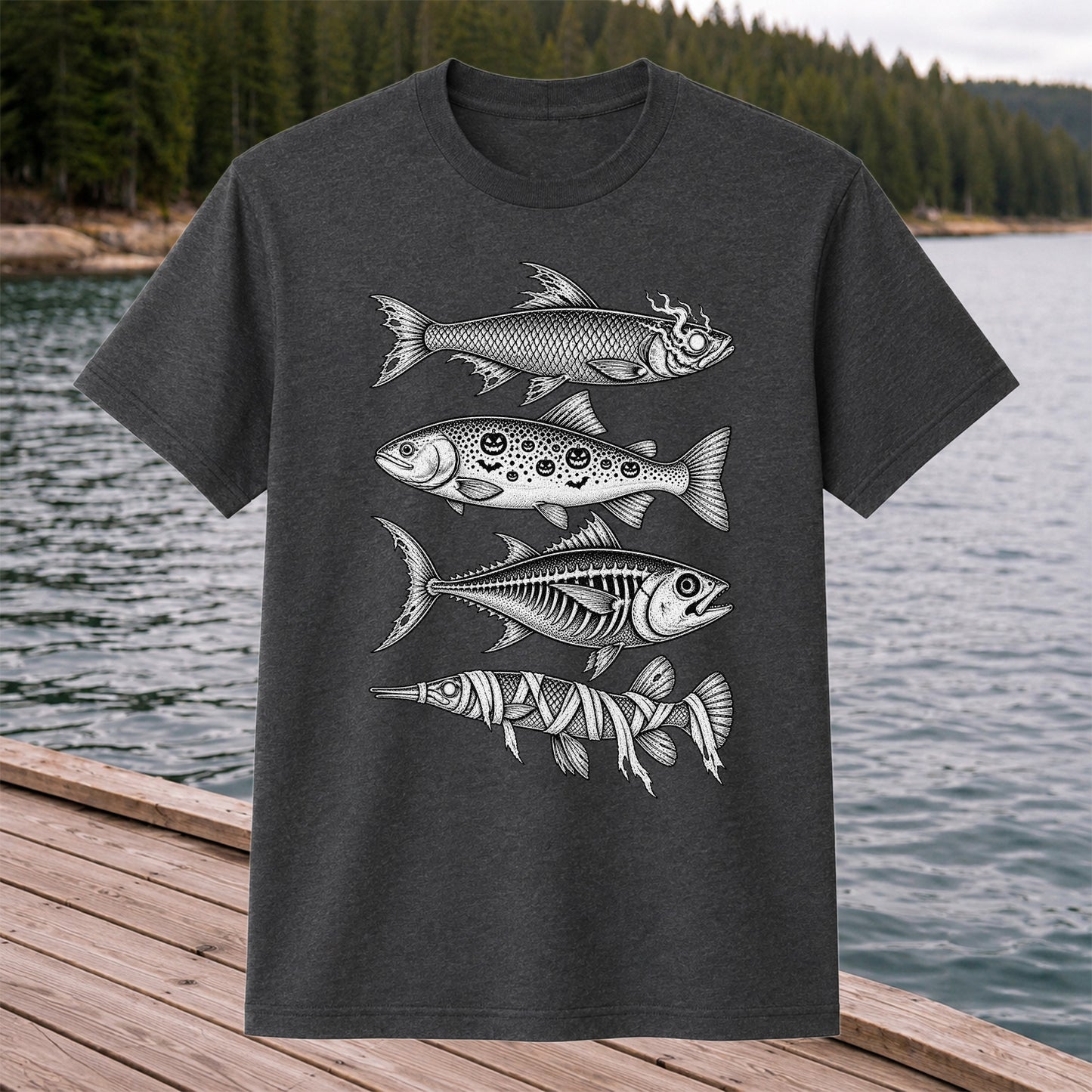 Halloween Zombie Pumpkin Skeleton and Mummy Fish Graphic T-Shirt
