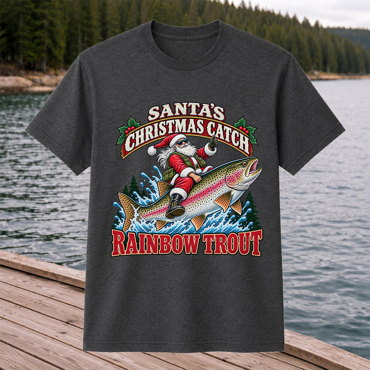 Santa's Christmas Catch Rainbow Trout Fishing T-Shirt