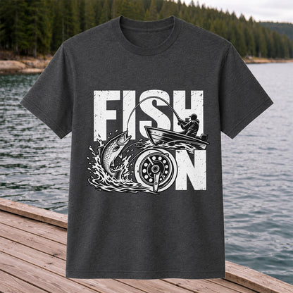 Fish On Jumping Trout and Fishing Boat Graphic T-Shirt